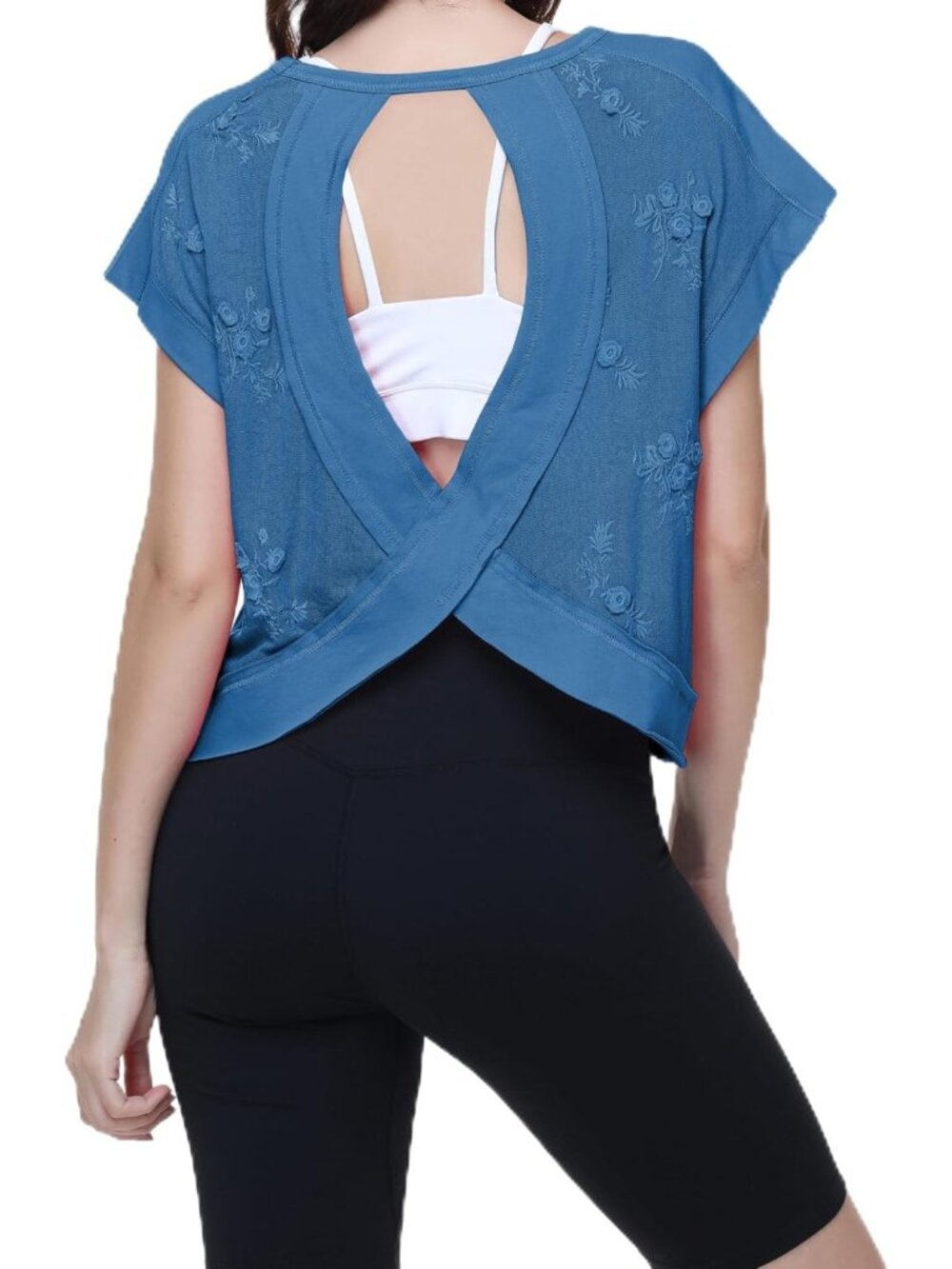 Floral Embroidery Open Back Yoga Tops - Loose Fit Short Sleeve Lace Tee for Gym